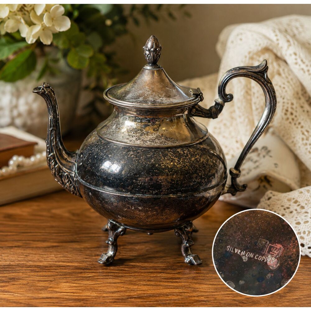 Vintage Silver on Copper  Creamer | Ornate Footed Tea Pot | Collectible